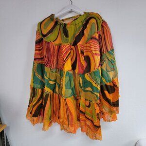 Jayli Womens Boho Patchwork Tiered Midi Skirt Medium Multicolor Pull-On Gypsy